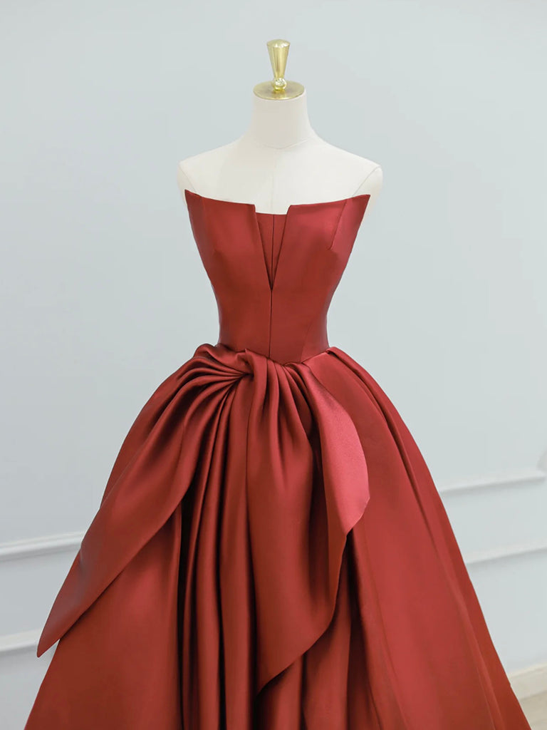 A-Line Satin Burgundy Long Prom Dress, Burgundy Long Evening Dress