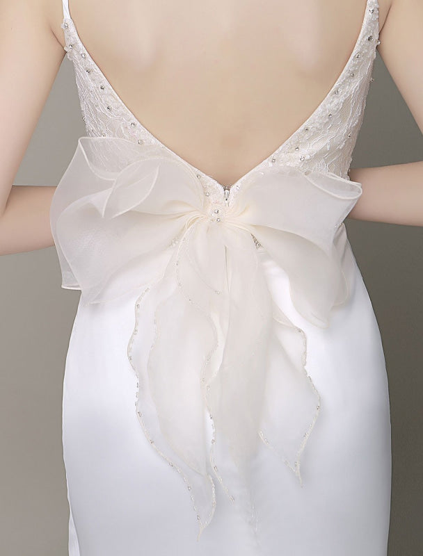 Satin Sheath Wedding Dress Bow Back Belt Lace Beading Evening Dress