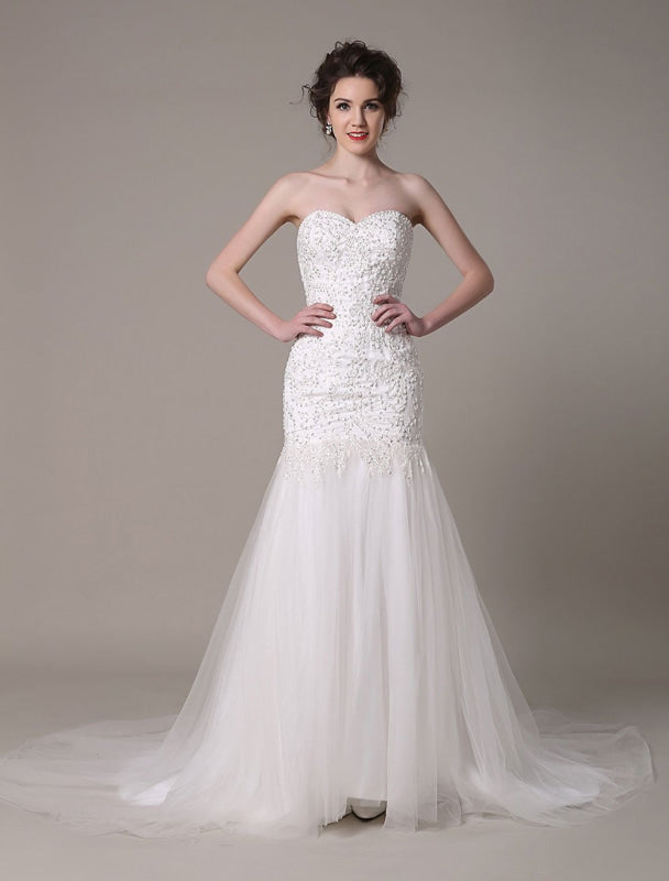 Sequined Wedding Dress Detachable Lace Applique Mermaid Court Train Bridal Dress