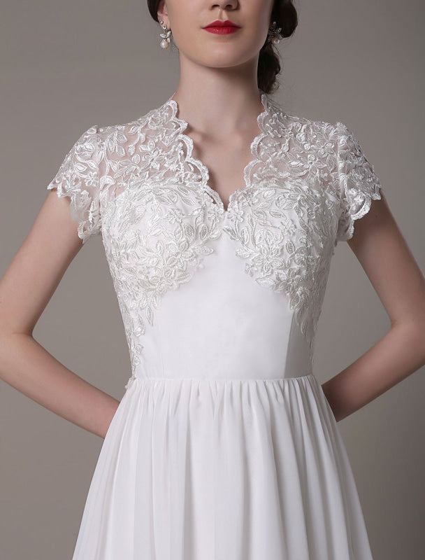 Sheath Lace Wedding Dress V-Neck Chiffon Pleated Bridal Dress