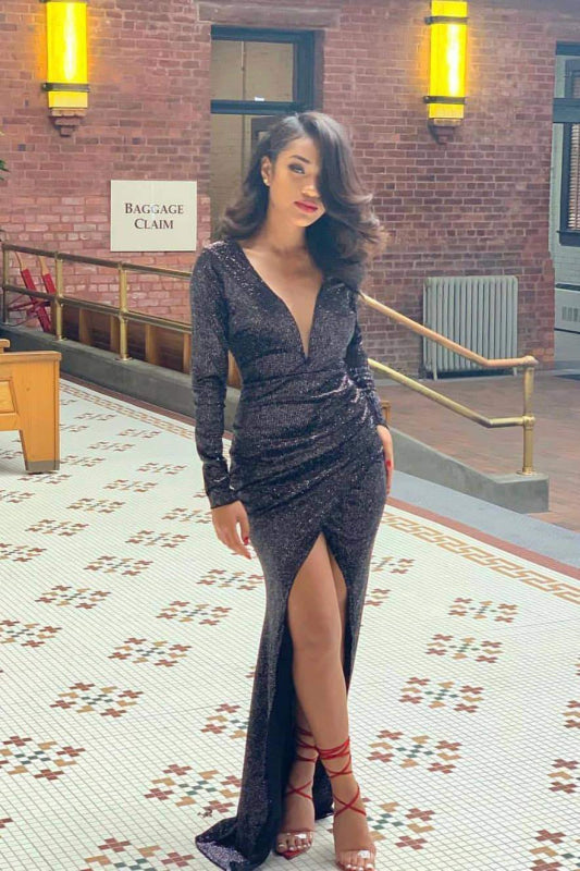 Shiny Black Deep V Neck Long Sleeves Prom Dresses