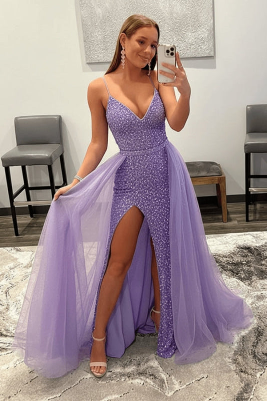 Shiny Pink Sequins V Neck Mermaid Prom Dresses High Slit Sleeveless with Detachable Train
