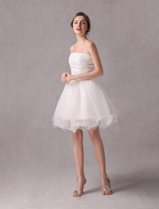 Short Ivory strapless A-Line Beading Wedding Dress For Bride