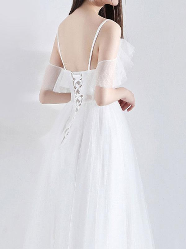 Short Wedding Dress A Line V Neck Short Sleeves Tea Length Bridal Dresses