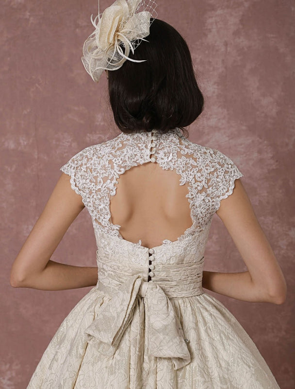 Short Wedding Dress Lace Champagne Vintage Bridal Dress Ball Gown Beading Backless Tea-Length Bridal Gown With Sash