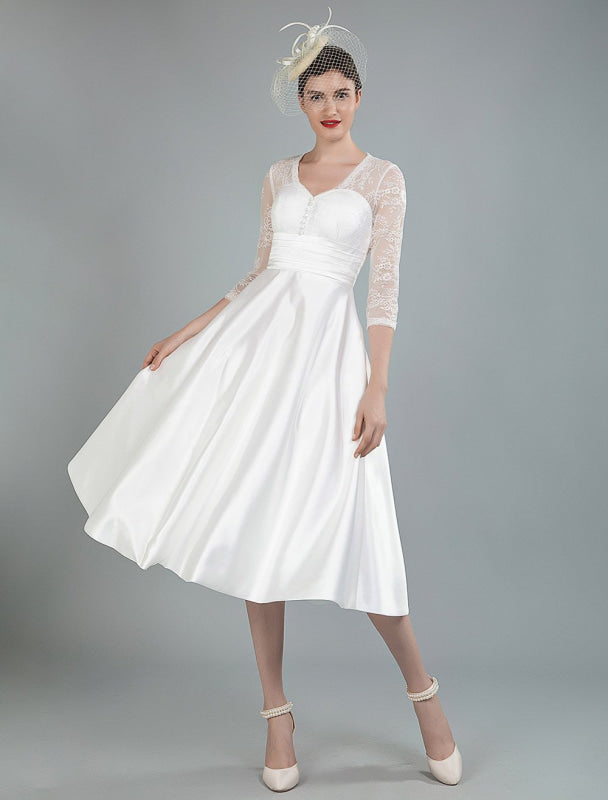 Short Wedding Dresses V Neck 3/4 Sleeves A Line Tea Length Bridal Dresses