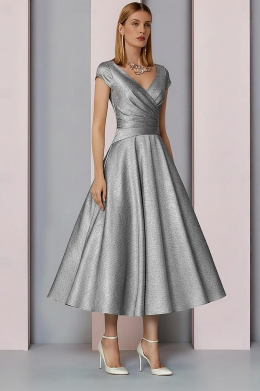 Navy Satin A-Line Mother of the Bride Dress V Neck Tea Length Wedding Guest Dress