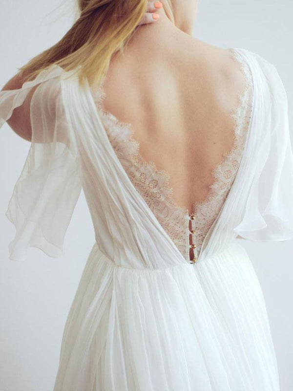 Simple Wedding Dress A Line Chiffon V Neck Half Sleeves Pleated Floor Length With Train Bridal Dresses