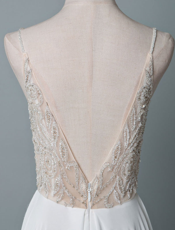 Simple Wedding Dress A Line V Neck Sleeveless Embroidered Chiffon Bridal Dresses With Train