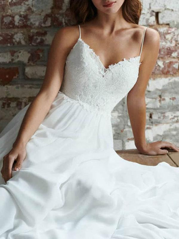 Simple Beach Wedding Dress A Line V Neck Sleeveless Lace Chiffon Bridal Dresses with Straps
