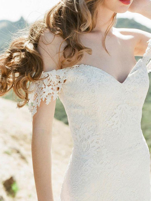 Simple Wedding Dresses Lace Sweetheart Off The Shoulder Mermaid Bridal Gown With Train For Boho Wedding