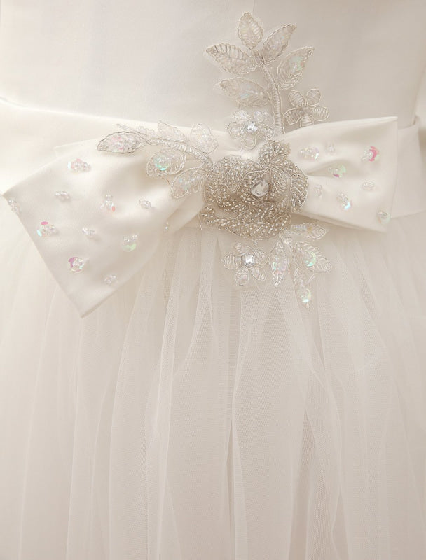 Simple Wedding Dresses Satin Square Neck Applique Short Bridal Dress With Beading Bow Sash Exclusive