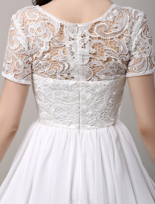 Simple Wedding Dresses Short Sleeves Lace Chiffon Reception Bridal Dress