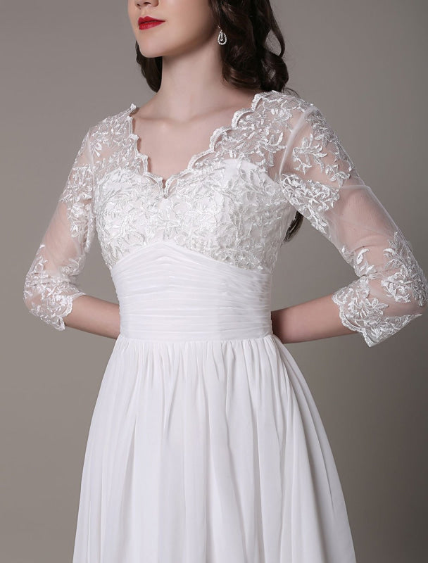 Simple Wedding Dressses Chiffon V Neck Lace A Line pleated Bridal Dress