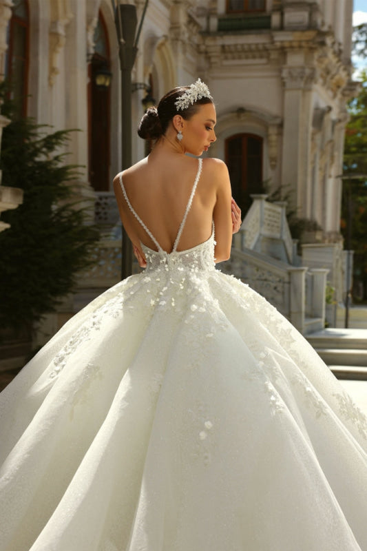 Spaghetti Straps Sweetheart A-Line Appliques Lace Ball Gown Wedding Dress