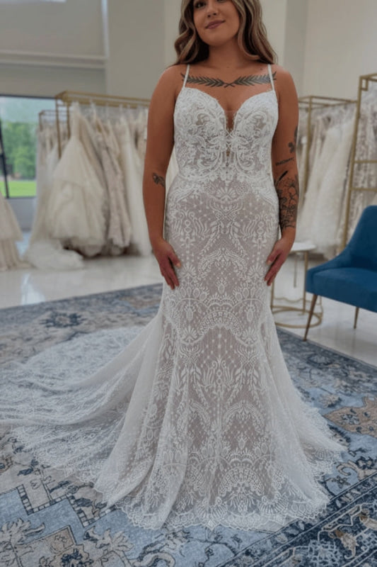 Spaghetti Straps Tulle Appliques Lace Mermaid Wedding Dresses