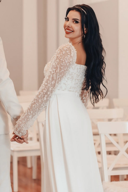 Square Neck Sequins Mermaid Wedding Dress Long Bridal Dress with Train