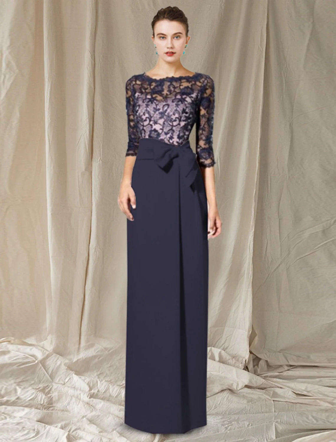 Aimishang Sheath / Column Mother of the Bride Dress Elegant Jewel Neck Floor Length Chiffon Lace 3/4 Length Sleeve with Bow(s) Color Block