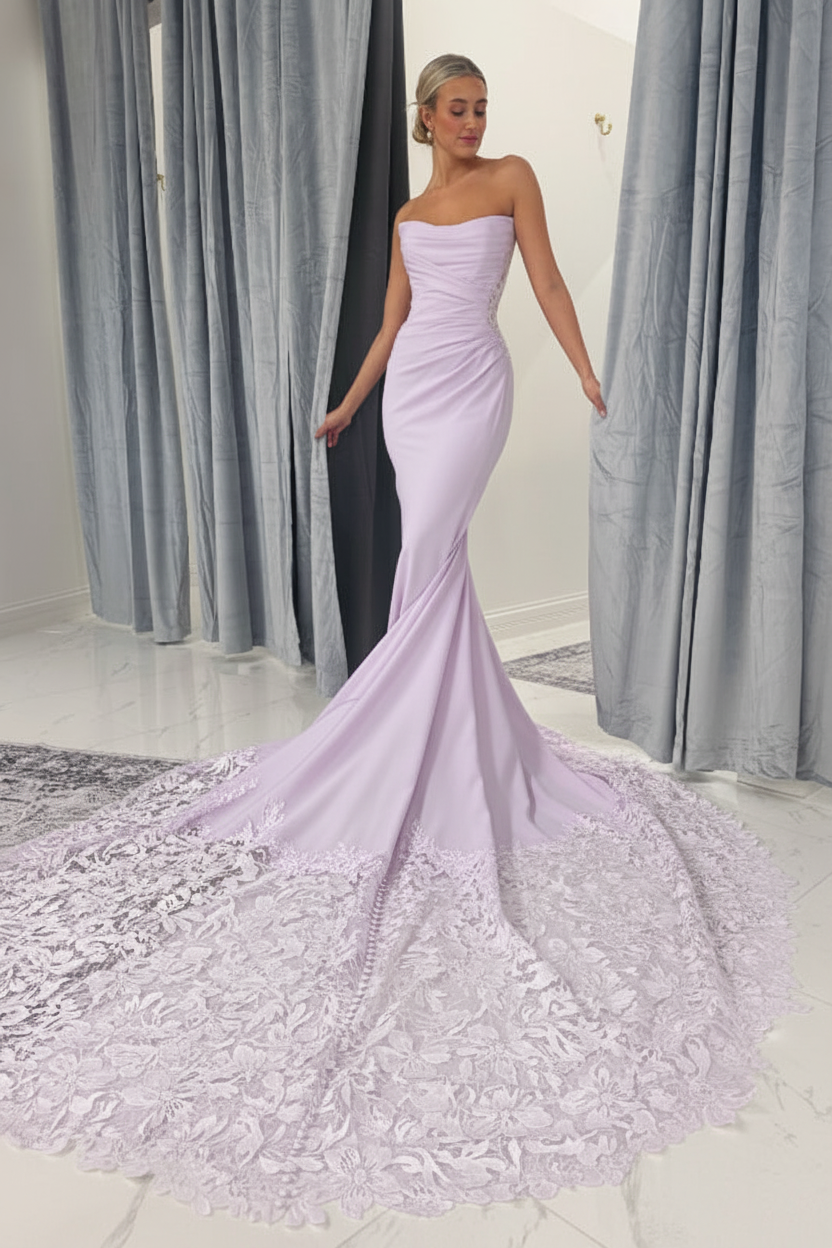 Strapless Mermaid Lace Appliques Wedding Dress Sweetheart Bridal Dress with Train