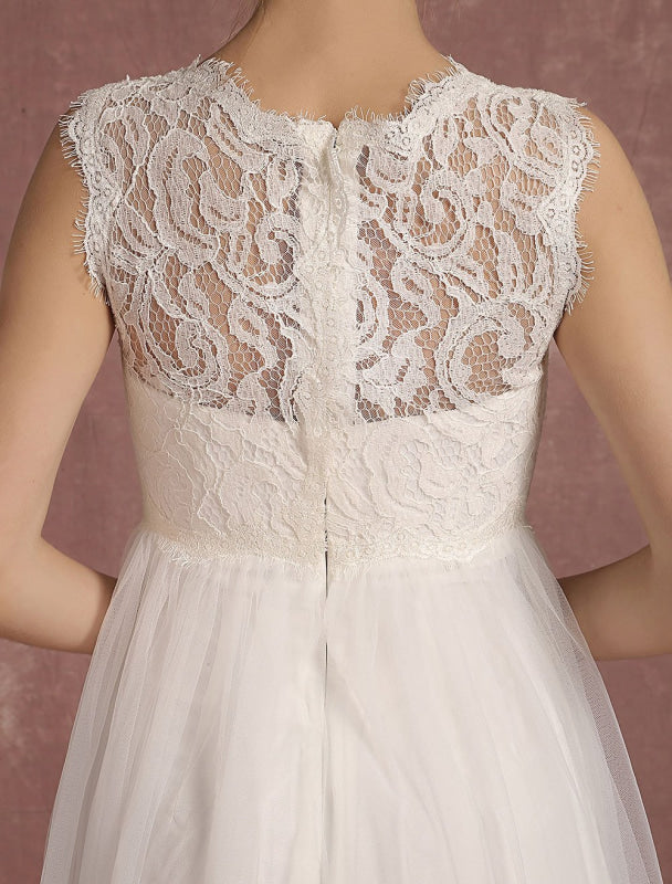 Summer Wedding Dresses Lace Bridal Gown Illusion Sleeveless A Line Bridal Dress