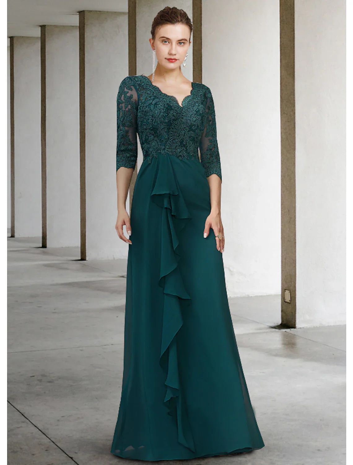 Aimishang A-Line Mother of the Bride Dress Elegant V Neck Floor Length Chiffon Lace Half Sleeve with Draping Appliques