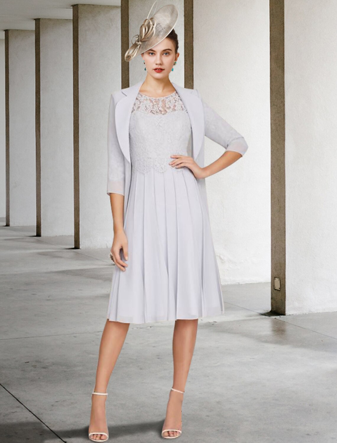 Aimishang Two Piece A-Line Mother of the Bride Dress Church Elegant V Neck Knee Length Satin Lace Half Sleeve Jacket Dresses with Pleats