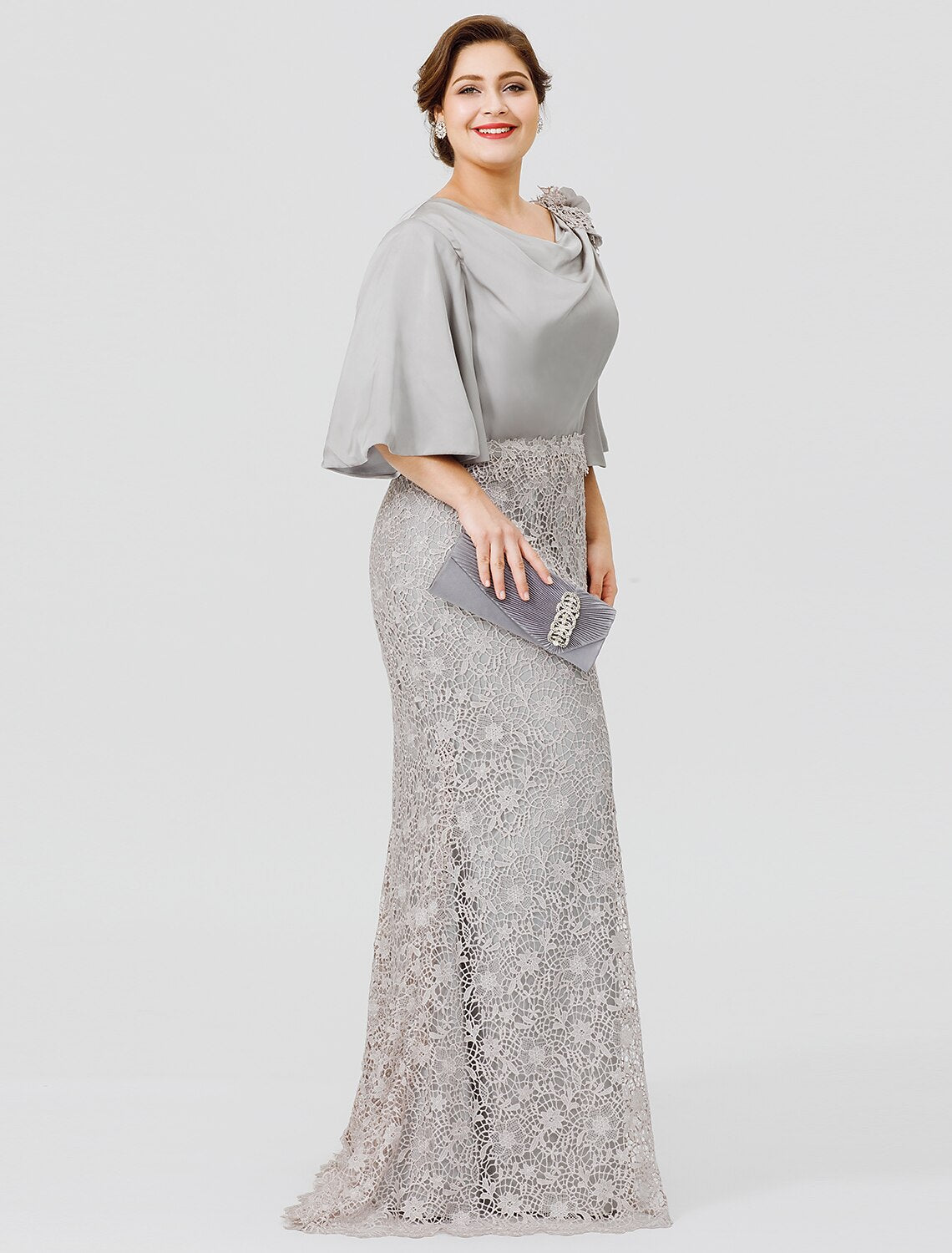Aimishang Mermaid / Trumpet Mother of the Bride Dress Plus Size Sexy Cowl Neck Sweep / Brush Train Satin Chiffon Lace Over Satin Half Sleeve No with Appliques