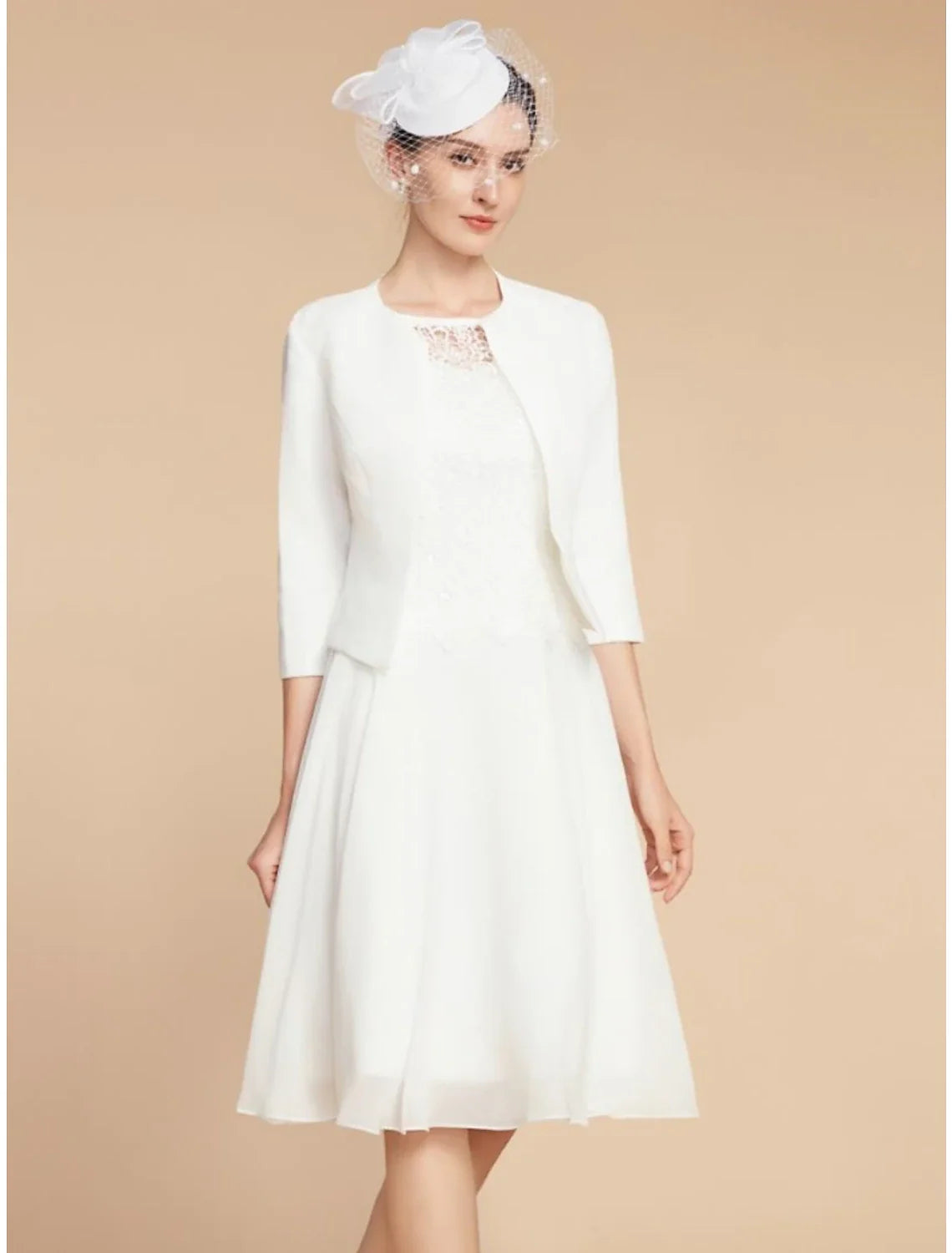 Aimishang Two Piece A-Line Mother of the Bride Dress Wedding Guest Elegant Petite Jewel Neck Knee Length Chiffon Lace 3/4 Length Sleeve with Pleats Solid Color