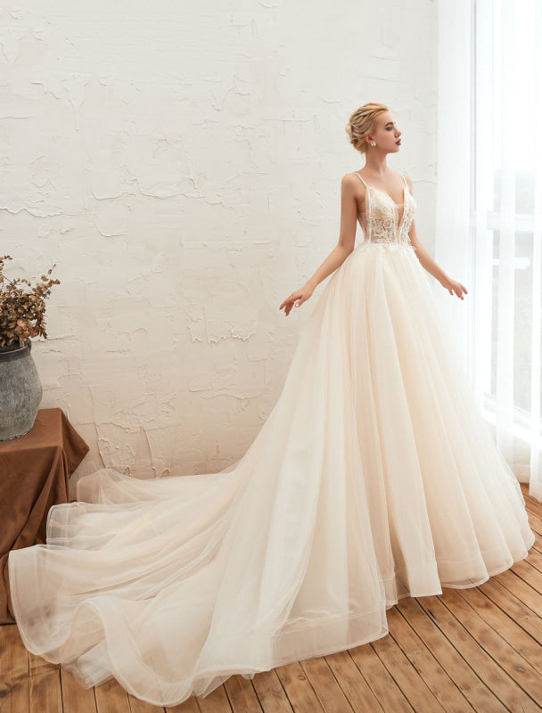 Tulle A Line Wedding Dress V Neck Sleeveless Bridal Gowns