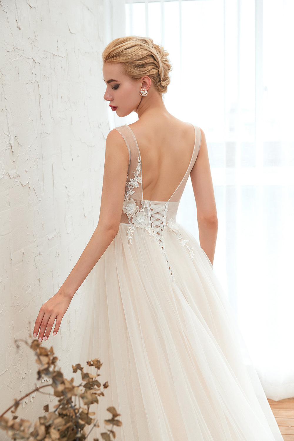 Tulle Deep V-Neck Wedding Dress With Fabulous Straps
