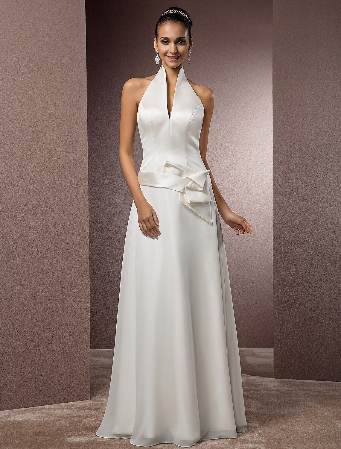 Hall Wedding Dresses Sheath / Column Halter Sleeveless Floor Length Satin Bridal Gowns With Sash / Ribbon Summer Wedding Party Women's Clothing
