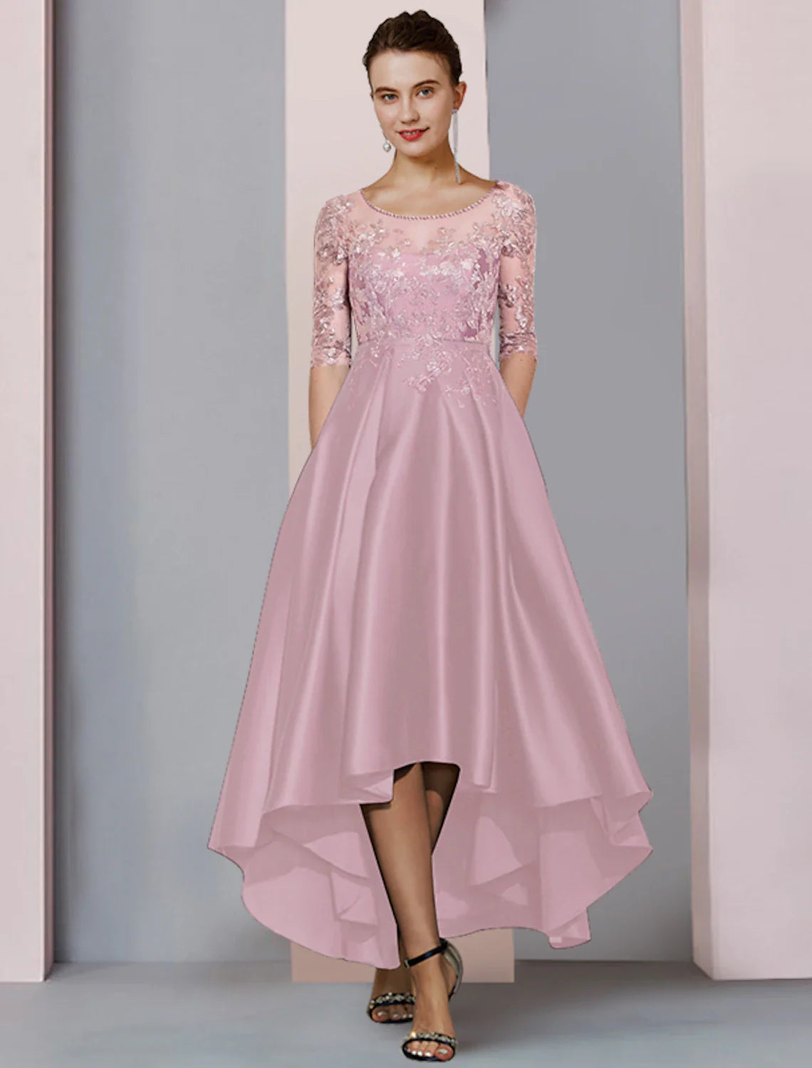 Aimishang A-Line Mother of the Bride Dress Formal Wedding Guest Party Elegant High Low Scoop Neck Asymmetrical Tea Length Satin Lace Half Sleeve with Pleats Beading Appliques