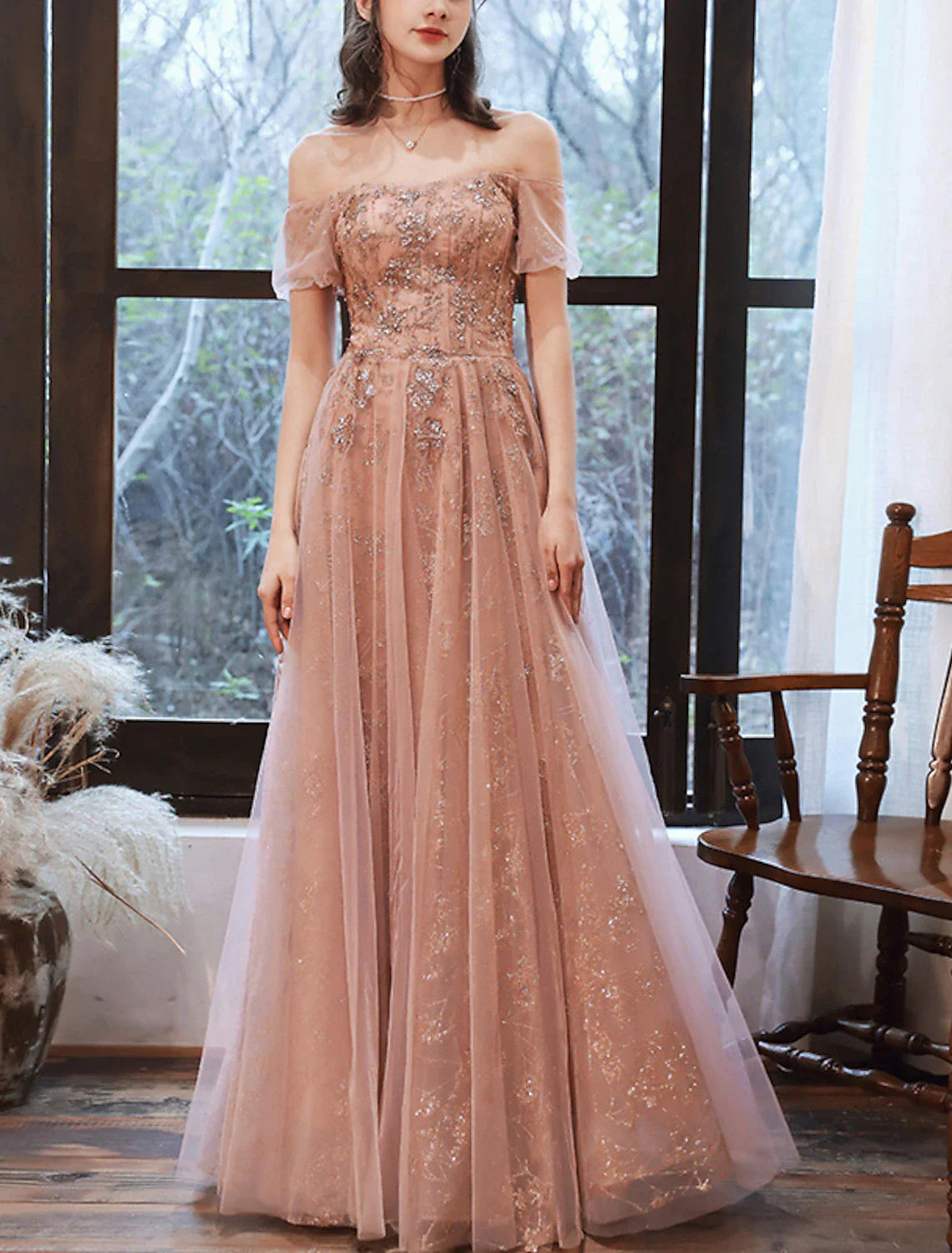 Aimishang A-Line Evening Gown Glittering Dress Engagement Floor Length Short Sleeve Off Shoulder Spandex with Sequin Appliques