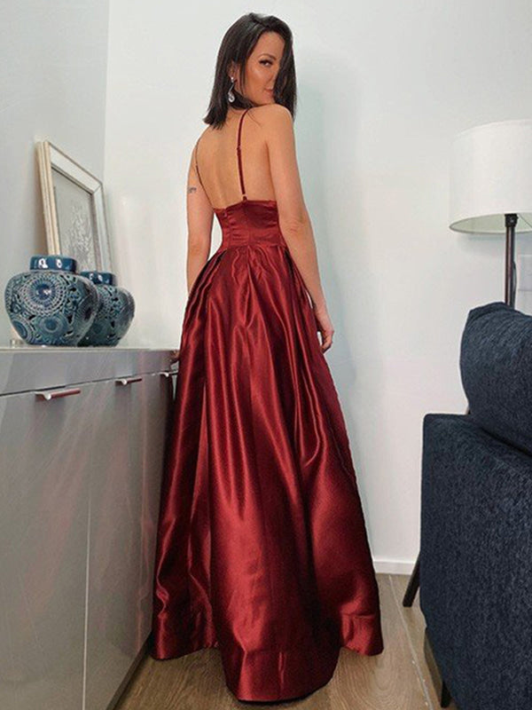 Spaghetti Straps V Neck Burgundy Satin Prom Dresses with High Slit Backless Evening Dresses