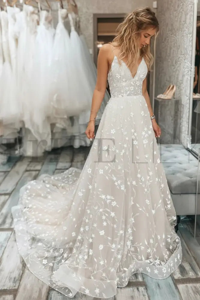 V Neck Light Champagne Lace Floral A Line Wedding Dress Formal Graduation Dresses