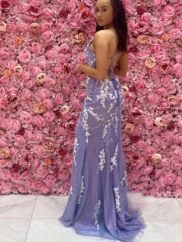 V Neck Mermaid Open Back Purple Lace Long Prom Dresses with High Slit, Mermaid Purple Formal Graduation Evening Dresses