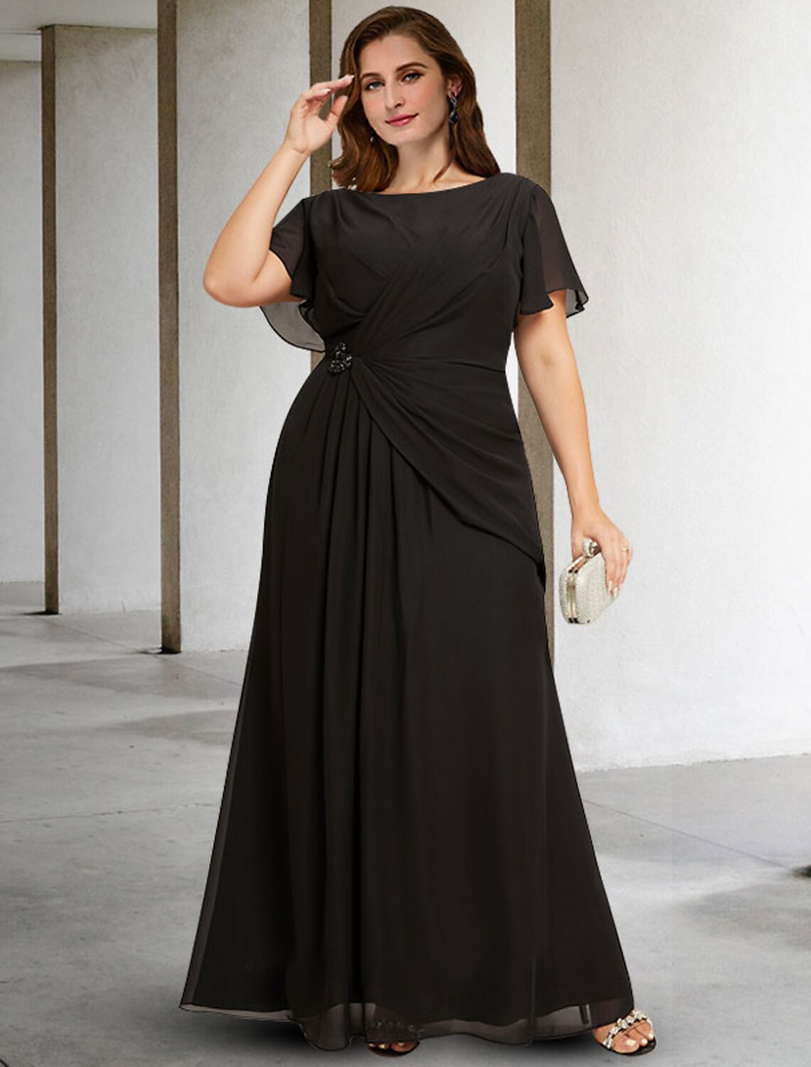 Aimishang A-Line Mother of the Bride Dresses Plus Size Hide Belly Curve Elegant Dress Formal Floor Length Sleeveless Jewel Neck Chiffon with Ruched Crystals Fall