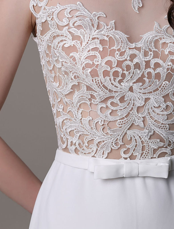 Vintage Lace Wedding Dress Chiffon Bateau Illusion Sheath Bridal Dress