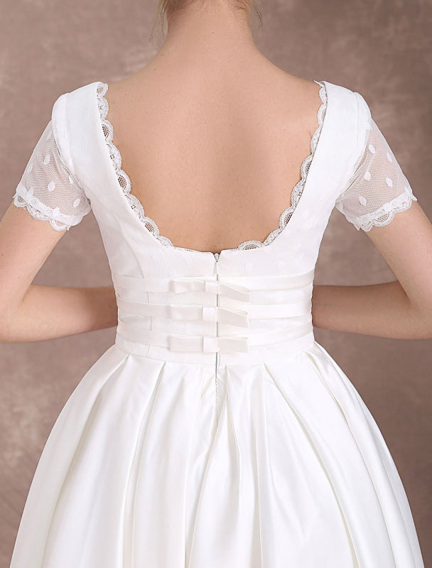 Vintage Wedding Dress Short Sleeve 1950'S Bridal Dress Backless Polka Dot Lace Ivory Wedding Reception Dress