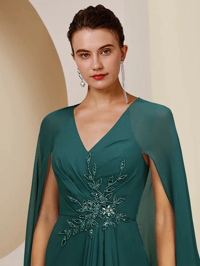 DingjiSheath / Column Mother of the Bride Dress Wedding Guest Vintage Elegant V Neck Knee Length Chiffon Sleeveless with Pleats Crystals Beading