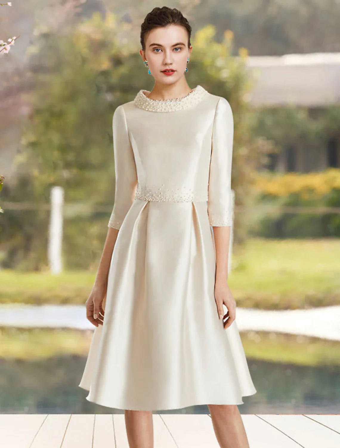 Aimishang A-Line Mother of the Bride Dress Wedding Guest Elegant Jewel Neck Knee Length Satin Half Sleeve with Beading