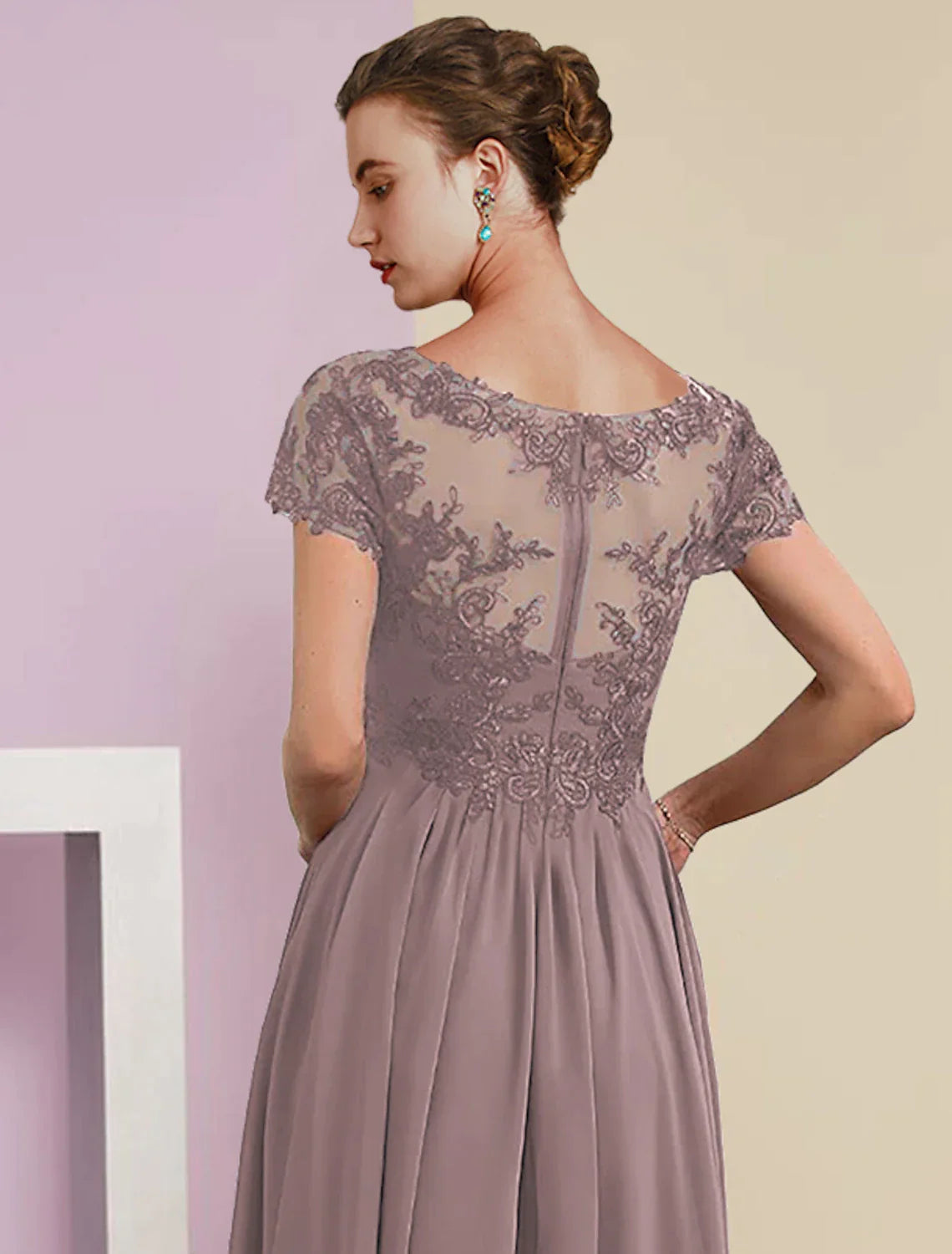 Two Piece A-Line Mother of the Bride Dress Formal Fall Wedding Guest Elegant V Neck Tea Length Lace Short Sleeve Wrap Included with Pleats Appliques
