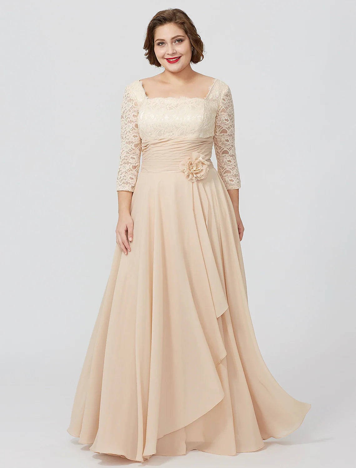 Aimishang Sheath / Column Mother of the Bride Dress Formal Classic & Timeless Elegant & Luxurious Plus Size Square Neck Floor Length Chiffon Metallic Lace 3/4 Length Sleeve No with Sash / Ribbon Flower