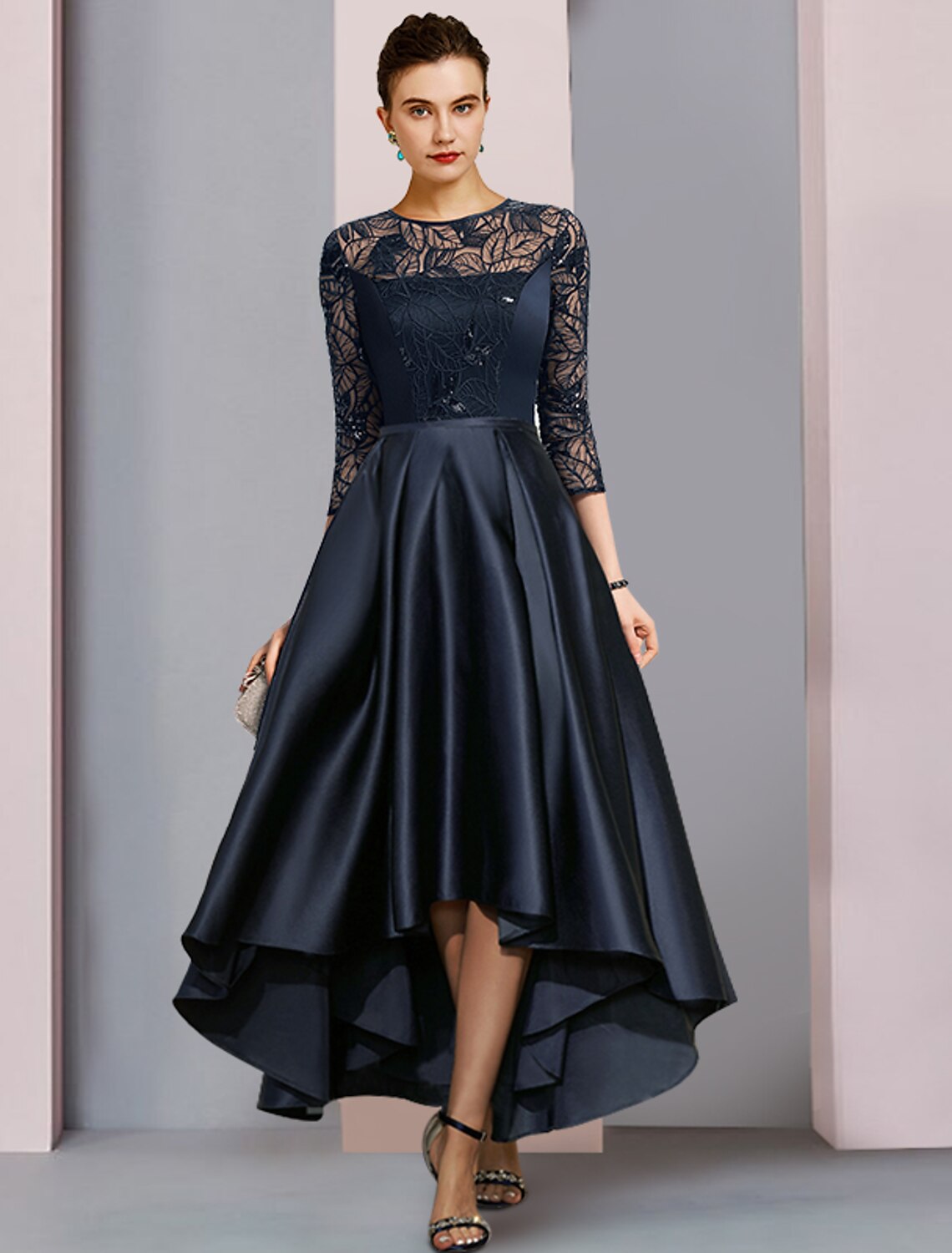 Aimishang A-Line Mother of the Bride Dress Wedding Guest Vintage Party Jewel Neck Asymmetrical Satin Lace Sequined Half Sleeve with Pleats