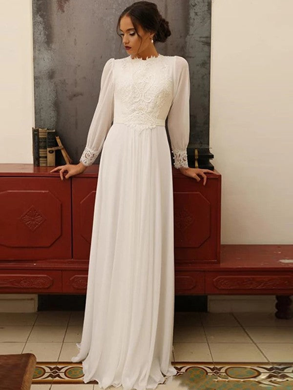 Aimishang A-Line/Princess Chiffon Lace Jewel Long Sleeves Floor-Length Wedding Dresses