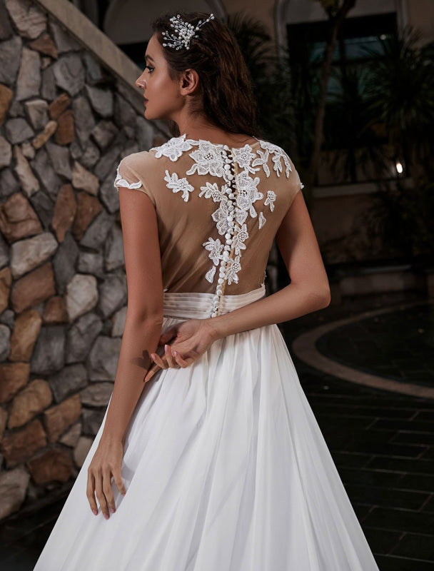 Wedding Dress Beach A-Line Silhouette Jewel Neck Lace Chiffon Wedding Gown