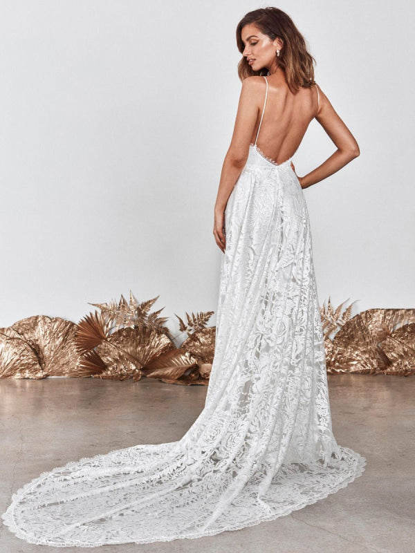 Wedding Dress Ivory V-Neck Backless Sleevelesslace Bridal Gowns With Train