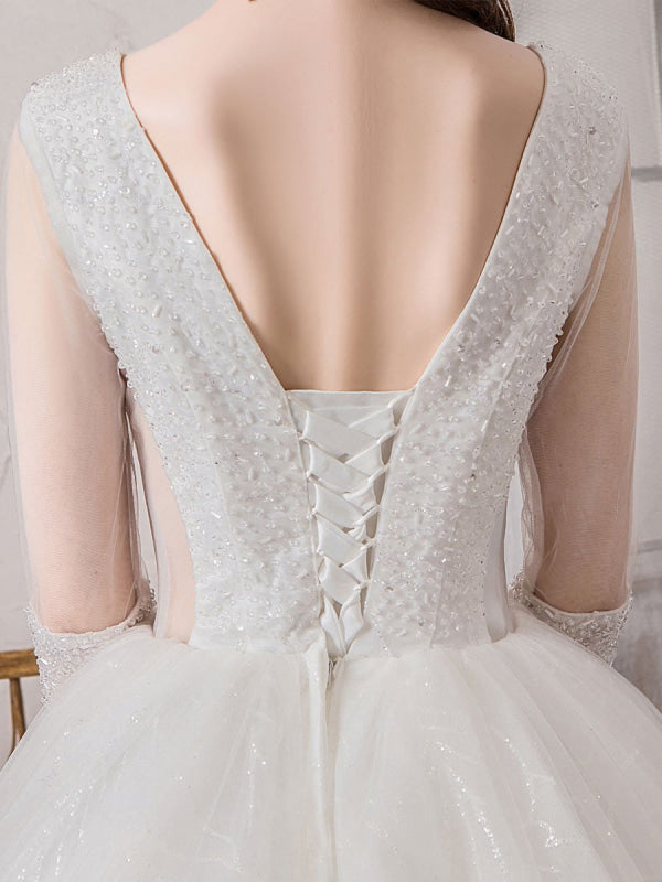 Wedding Dress Princess Floor Length V Neck Sleeveless Beaded Lycra Spandex Bridal Gowns
