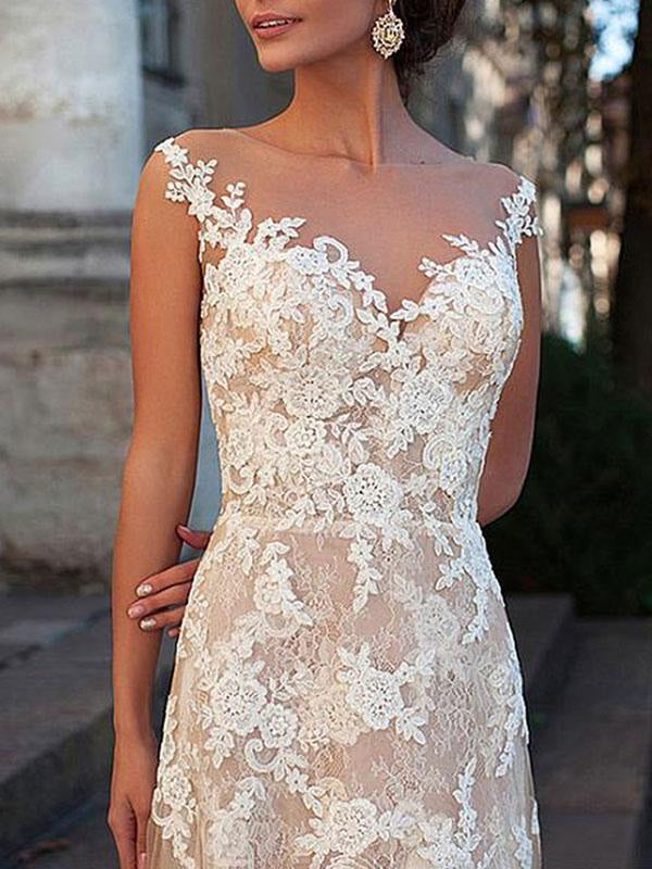 Wedding Dress Sheath V Neck Sleeveless Floor Length Lace Tulle Backless Bridal Gown With Train