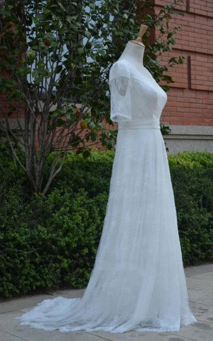 Half Illusion Sleeve A-Line Lace Appliques Pleated Wedding Dress